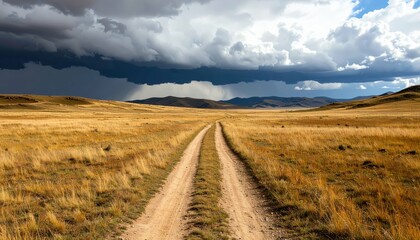 Fototapeta premium Worn Dirt Pathway Through Vast Empty Plains Under Dramatic Clouds