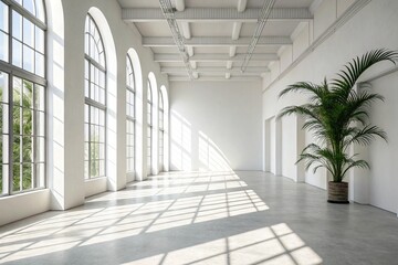 Obraz premium Panoramic abstract white background for product presentation with sunlight and blurred shadows wall. 