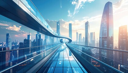 Fototapeta premium Elevated Glass Pathway Connecting Skyscrapers in Futuristic Cityscape