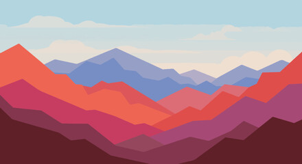 Vivid, stylized mountain range with gradient colors and geometric shapes