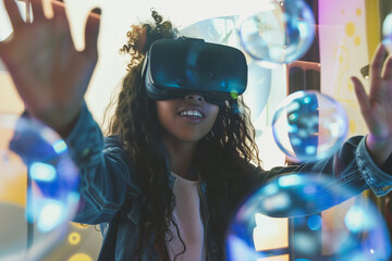 School student with VR headset using AI artificial intelligence technology, machine learning. Interactive technology in classroom. Innovation & smart tech. AI blue orb hologram. Futuristic education	