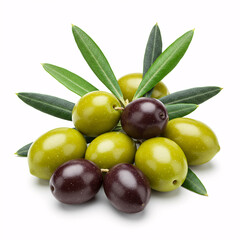 Obraz premium Fresh olives with leaves on a white background, suitable for food photography or recipes