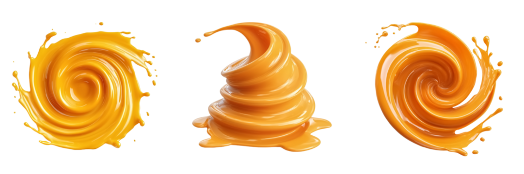 A top view of swirling orange juice forming a circular splash on a transparent background