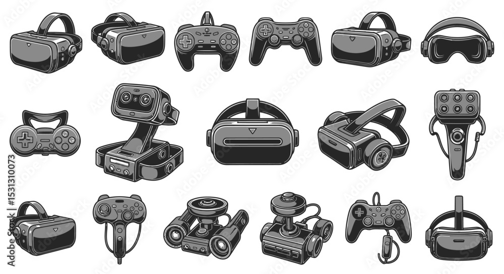 Poster vector icons set of assorted virtual reality headsets and controllers in monochrome illustration sty