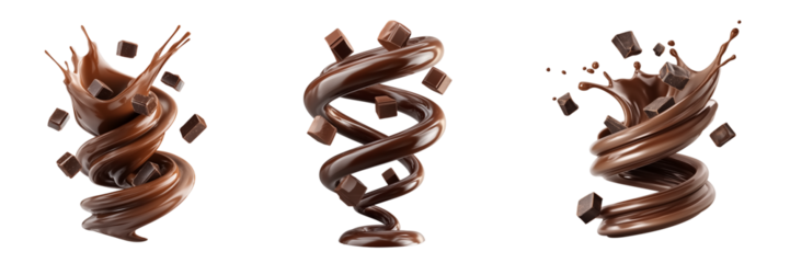 Chocolate spirals with floating cubes on transparent background. An elegant fusion of motion and flavor