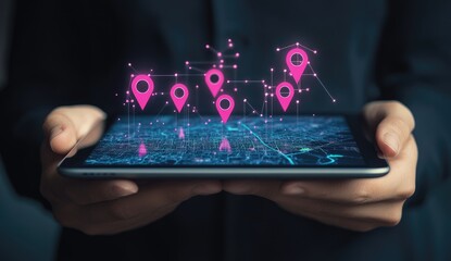 Hands hold tablet displaying digital map with location markers