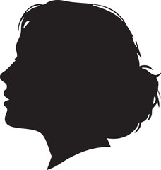 Vector art of a stark black silhouette of a womans profile, hepsr swept back in a loose bun, isolated on white background