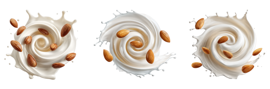 Circular milk splash with whole almonds floating around on a transparent background