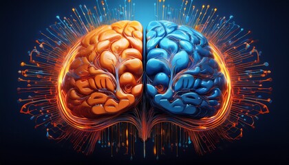 an abstract rendering of a brain halved in orange and blue symbolizes the power of artificial intelligence