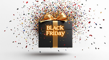 Caixa de presente preta com laço dourado, texto "Black Friday" iluminado e confetes coloridos em fundo branco, simbolizando promoções e celebração.