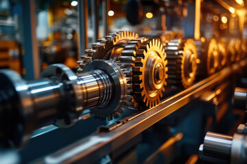 Naklejka premium Close-up of machine gears turning, intricate metal pieces interlocking in a symphony of motion.