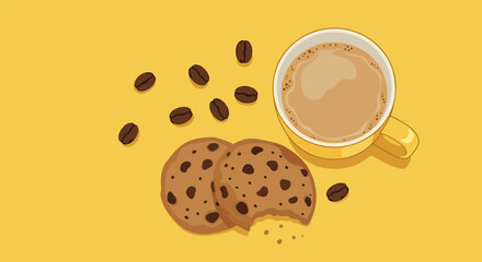 Obraz premium Yellow mug with frothy coffee, two chocolate chip cookies, and scattered coffee beans on yellow background