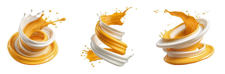 A dynamic swirl of orange juice and milk splashing together in a spiral shape on a transparent background