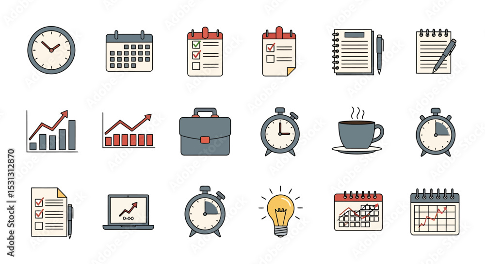 Poster vector icons set of business and planning icons clock calendar checklist graph briefcase laptop ligh