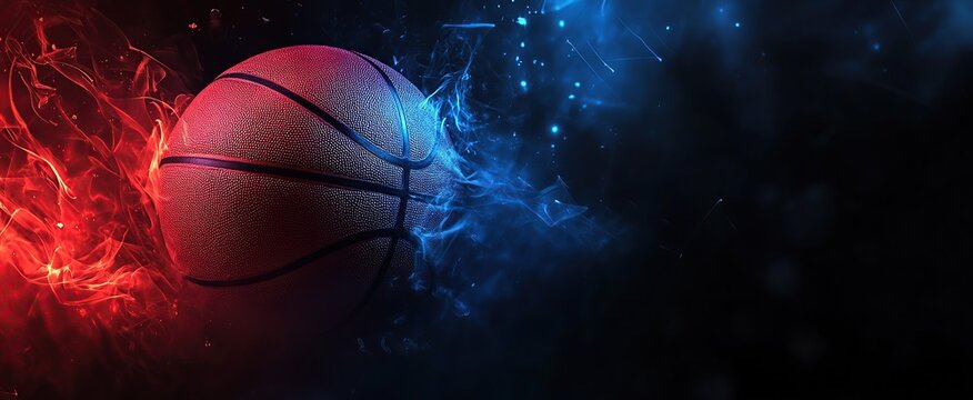 Abstract basketball background with a blue and red glow, dark black background