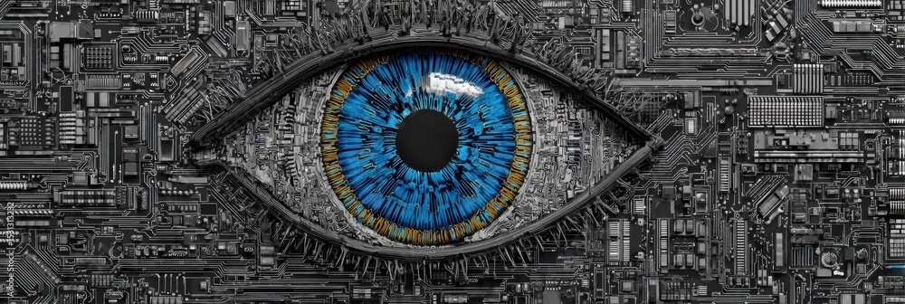 Poster Stylized Eye Composed of Digital Circuits Showcasing a Tech-Inspired Aesthetic in an Abstract Design