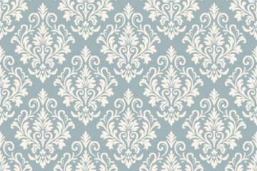 Elegant damask pattern in soft teal and cream, seamless vintage baroque floral wallpaper design perfect for textile prints, interior decor, packaging, backgrounds, and fabric applications.
