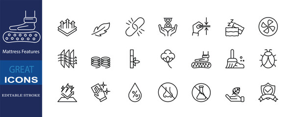 This icon set presents 21 essential mattress features in editable stroke style, perfect for infographics, e-commerce platforms, and bedding-related product presentations.