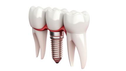 Illustration of dental implant surrounded by teeth with red gumline on transparent background