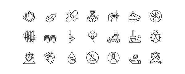 This icon set presents 21 essential mattress features in editable stroke style, perfect for infographics, e-commerce platforms, and bedding-related product presentations.