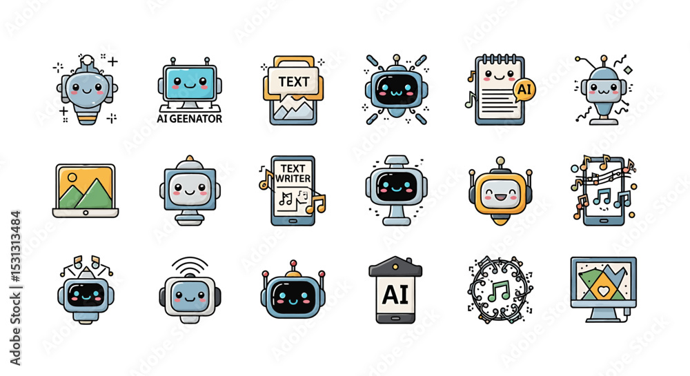 Poster vector icons set of cartoon ai icons robots devices and symbols for artificial intelligence. vector 