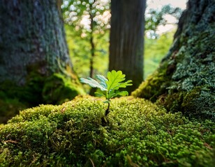 a young oak tree grew on forest moss surrounded by ancient trees