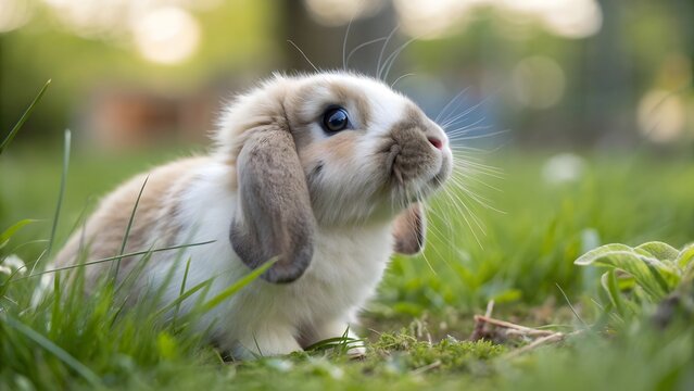 Adorable Lop-eared Bunny in Lush Green Grass, basking in the warm spring sunlight, a symbol of springtime joy and innocence. Its soft fur and curious gaze captivate.