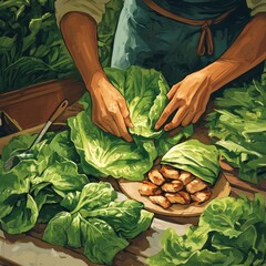 Hands fold fresh lettuce leaves around cooked meat, amidst a bounty of greens on a rustic wooden table