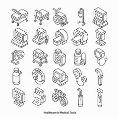 Isometric Hospital and Medical Equipment Icons Set