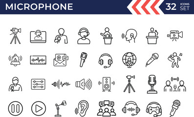 Headphone and microphone icon set in line art. Podcast microphone, sound wave, speaker, video and others vector icon collection