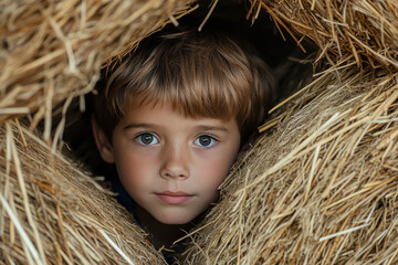 Young boy peeking from hay bale.
