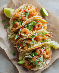 shrimp tacos with avocado and slaw, served on parchment paper, top view, bright natural light