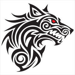 Tribal Wolf Silhouette Vector,A tired wolf howling while sitting lazily vector animal silhouette,Isolated fenrir wolf mythological symbol with snarling pose and tribal patterns