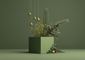 Muted green scene with box, plants, and gold orbs