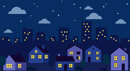 Nighttime suburban neighborhood with city skyline in the background