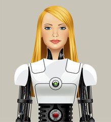 Frontally standing beautiful blonde bio robot girl waist-up with long flowing hair in a white plastic spacesuit and many metal mechanisms. Vector realistic illustration in 3d style. NOT AI generated