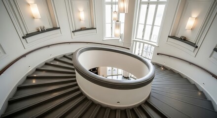Fototapeta premium Elegant spiral staircase bathed in natural light and illuminated by modern wall sconces indoors.