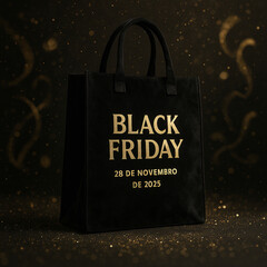 Sacola preta com texto dourado "Black Friday 28 de novembro de 2025", em fundo escuro com brilhos dourados, simbolizando compras e promoções de luxo.