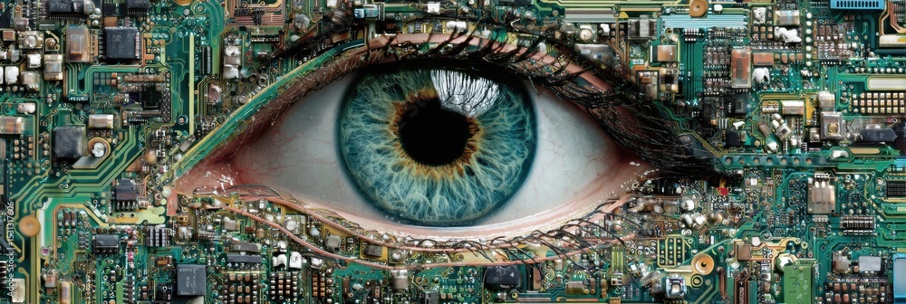 Poster stylized eye design made of digital circuits in a tech-inspired artwork featuring minimal upper part