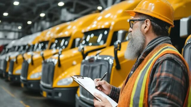 A logistics specialist is conducting a thorough inspection of a fleet of semi trucks lined up inside a large distribution warehouse.