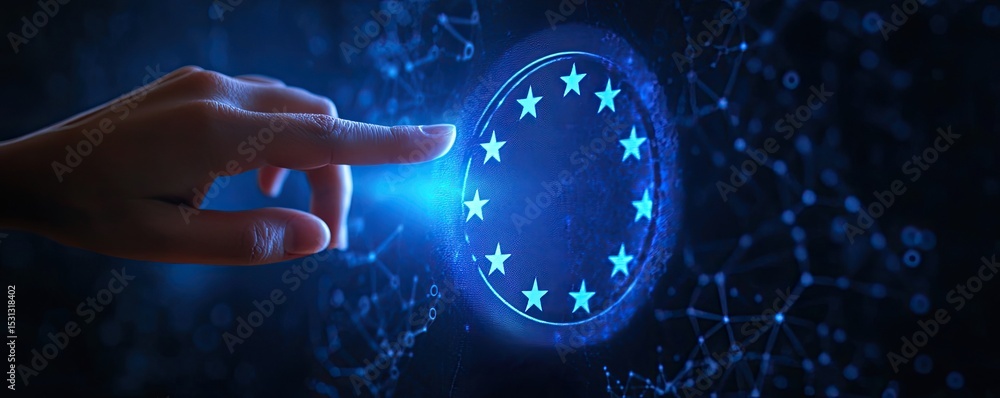 Poster hand pointing at a glowing european union emblem. a digital, glowing representation of the eu symbol