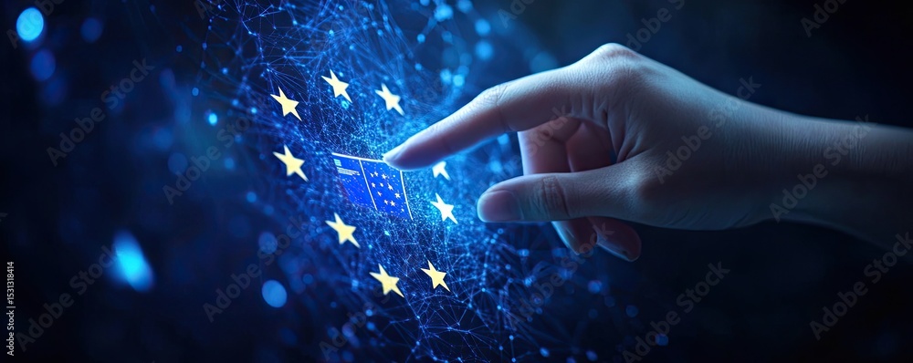 Poster a hand interacts with a digital representation of the eu flag, overlaid with a network graphic