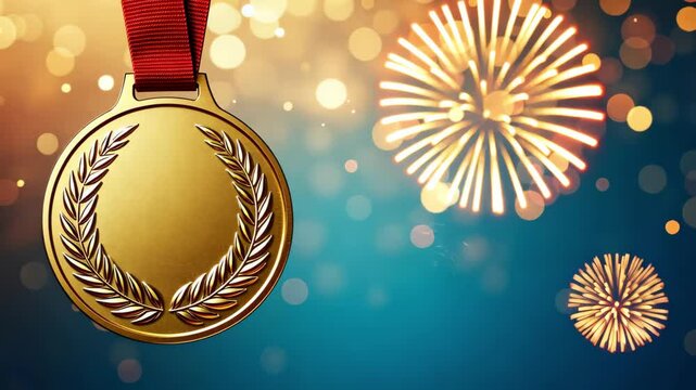 Hanging gold medal with red ribbon against fireworks and bokeh lights. Celebration of victory, achievement, triumph concept.
