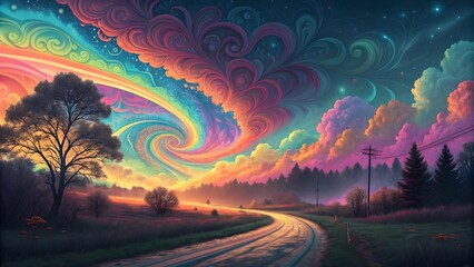 Surreal colorful sky over a winding country road