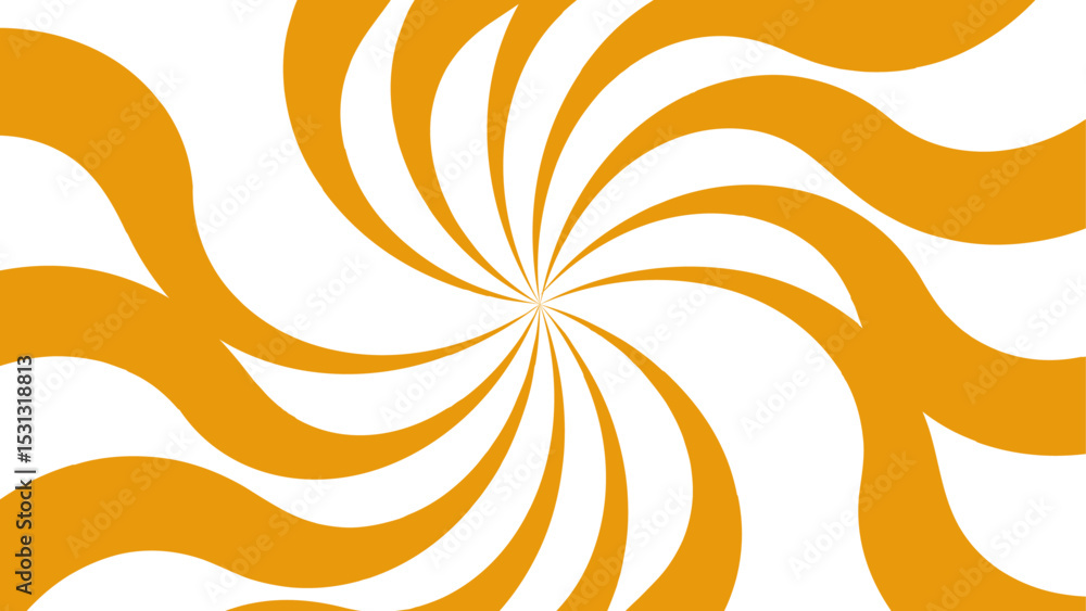 Poster Abstract bold, radial swirl pattern with wavy, curved orange shapes with central point on a white background. Dynamic motion and a hypnotic spiral effect and energetic optical illusion. 