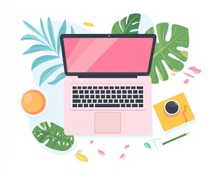 Pastel pink laptop surrounded by tropical leaves, a cup of tea, and coffee, on a white background.  Flat lay digital illustration of a workspace