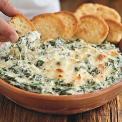 Creamy spinach dip in a terracotta bowl, served with toasted bread slices