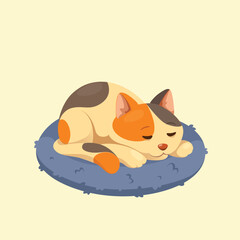Cute Cat Sleeping on a Cozy Cushion, Illustration, Home Environment, Relaxation Concept