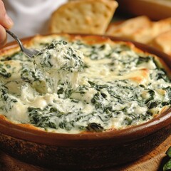 Creamy spinach dip in a terracotta dish. A spoonful is lifted by a fork