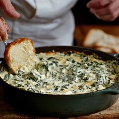 Creamy spinach dip in a cast iron skillet, being served with a bread roll